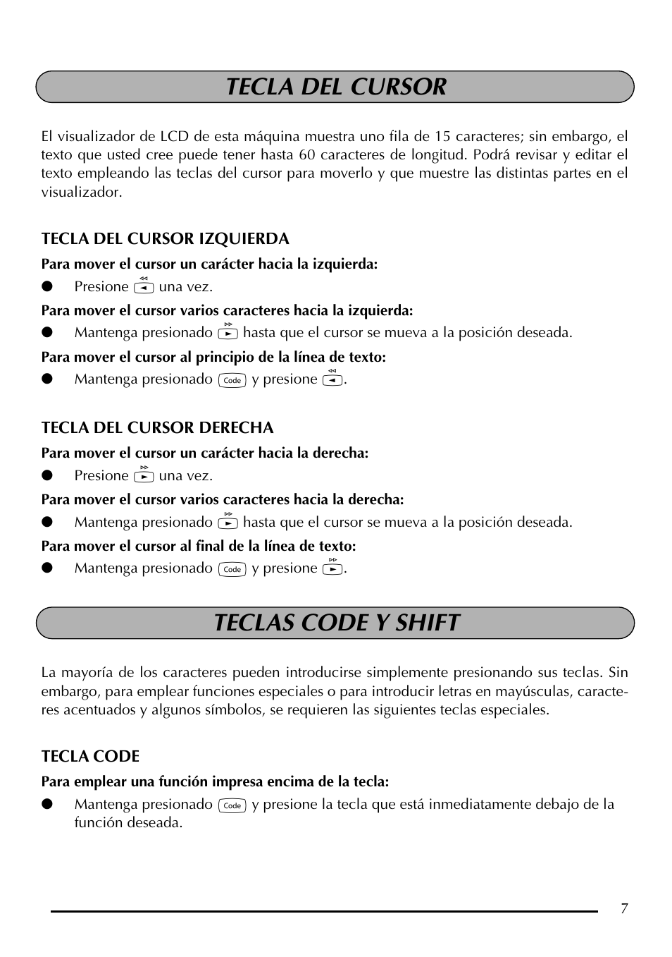 Tecla del cursor, Teclas code y shift | Brother P-touch PT-1750 User Manual | Page 47 / 68