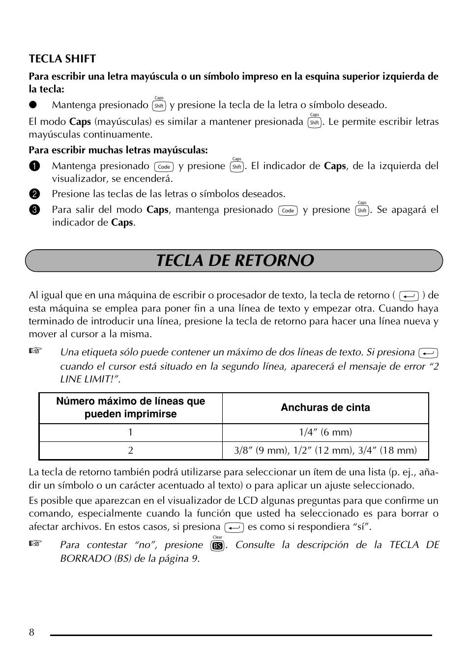 Tecla de retorno | Brother P-touch PT-1750 User Manual | Page 48 / 68