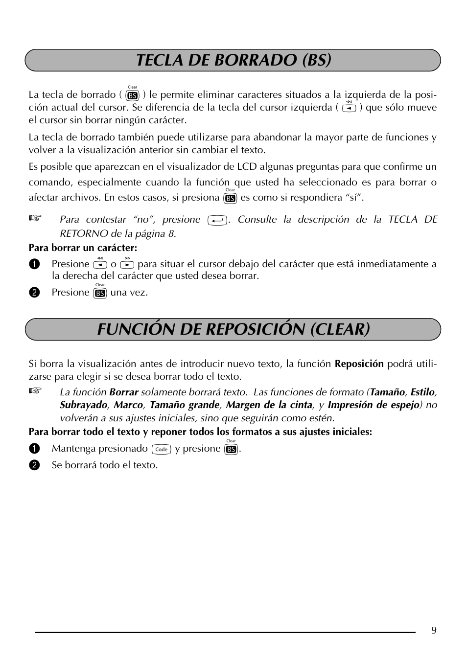 Tecla de borrado (bs), Función de reposición (clear) | Brother P-touch PT-1750 User Manual | Page 49 / 68