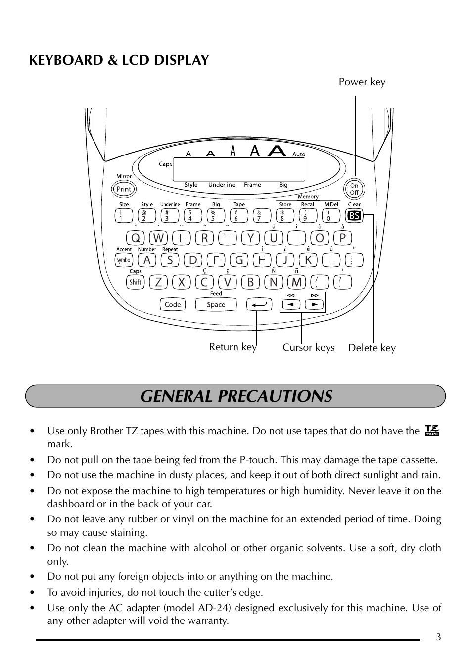 General precautions, Keyboard & lcd display | Brother P-touch PT-1750 User Manual | Page 5 / 68