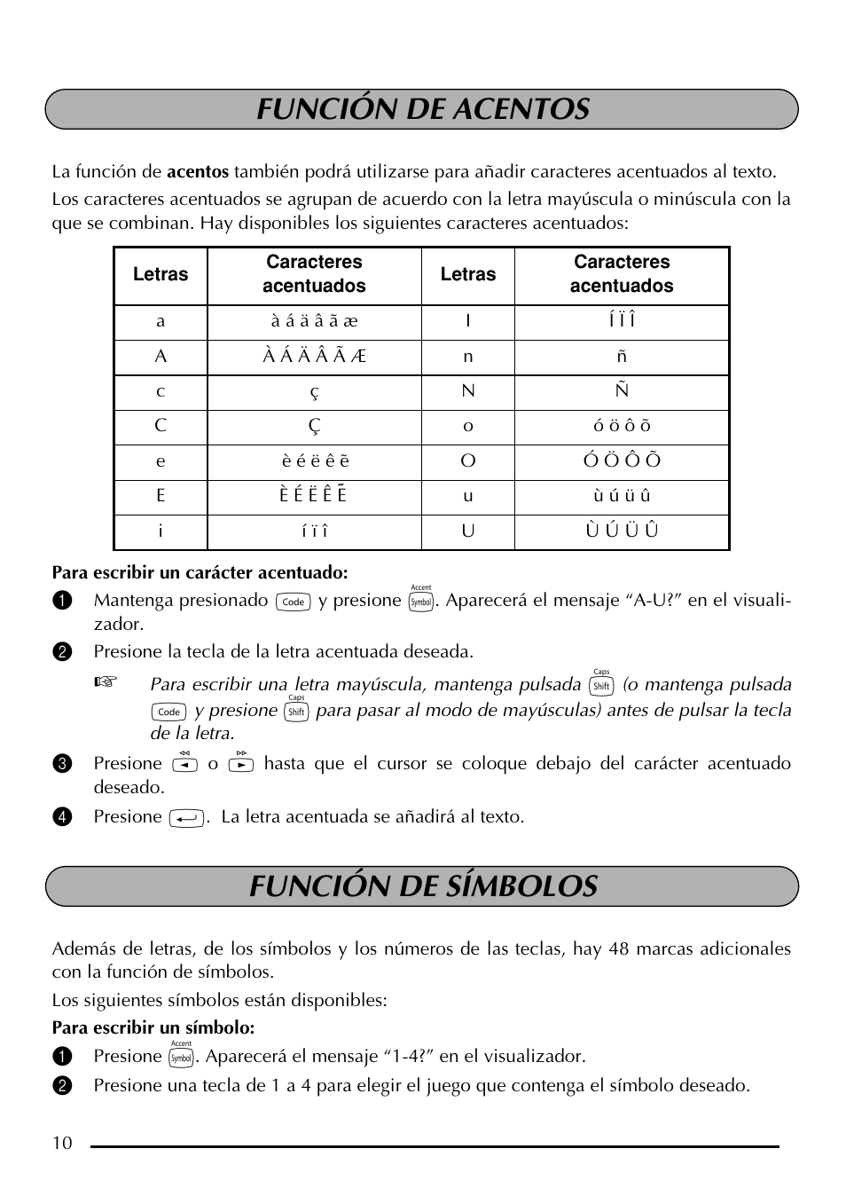 Función de acentos, Función de símbolos | Brother P-touch PT-1750 User Manual | Page 50 / 68