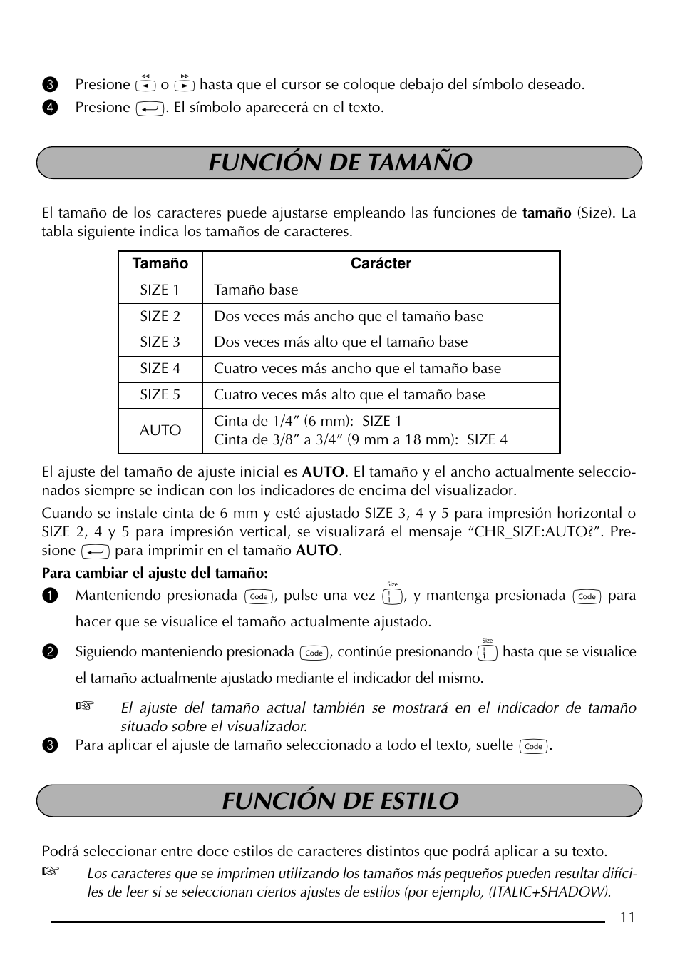 Función de tamaño función de estilo | Brother P-touch PT-1750 User Manual | Page 51 / 68