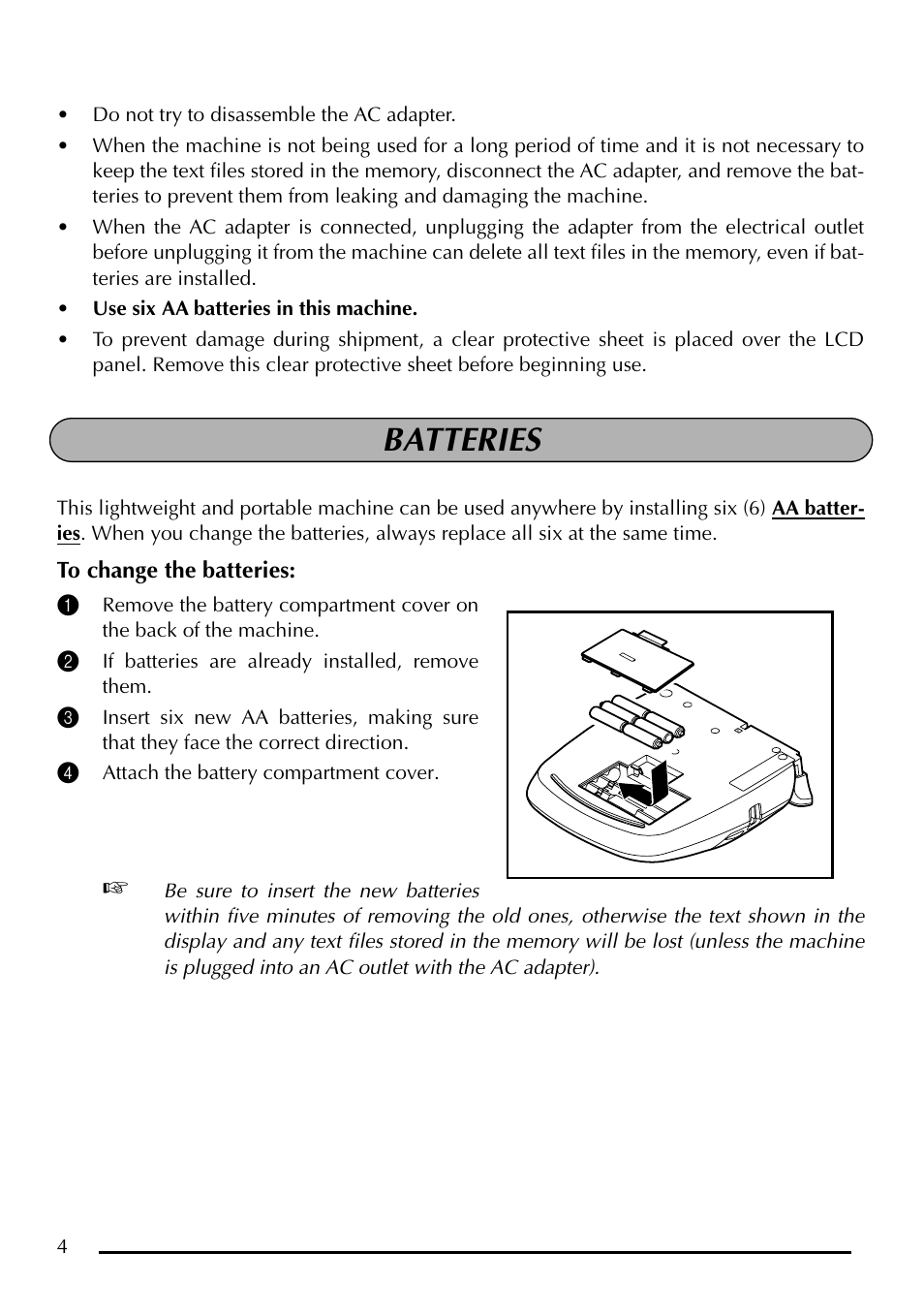 Batteries | Brother P-touch PT-1750 User Manual | Page 6 / 68