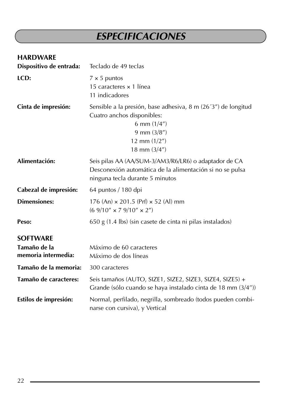 Especificaciones | Brother P-touch PT-1750 User Manual | Page 62 / 68