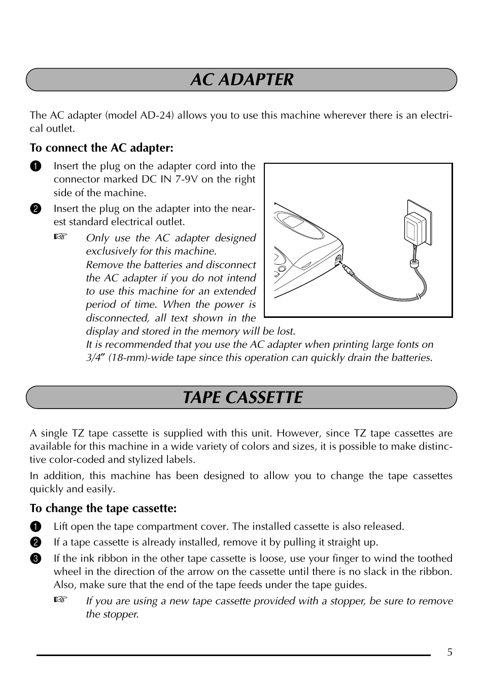 Ac adapter tape cassette | Brother P-touch PT-1750 User Manual | Page 7 / 68