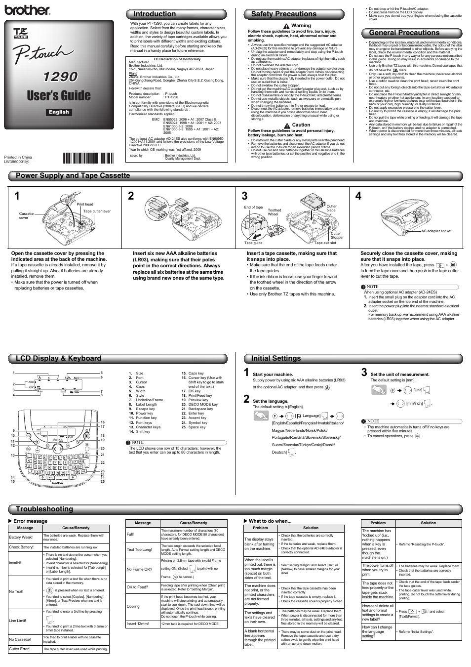 Brother P-touch PT-1290 User Manual | 2 pages