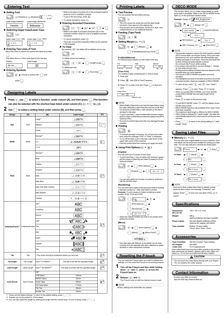 Entering text, Designing labels, Printing labels | Resetting the p-touch, Deco mode, Saving label files, Specifications accessories, Contact information | Brother P-touch PT-1290 User Manual | Page 2 / 2