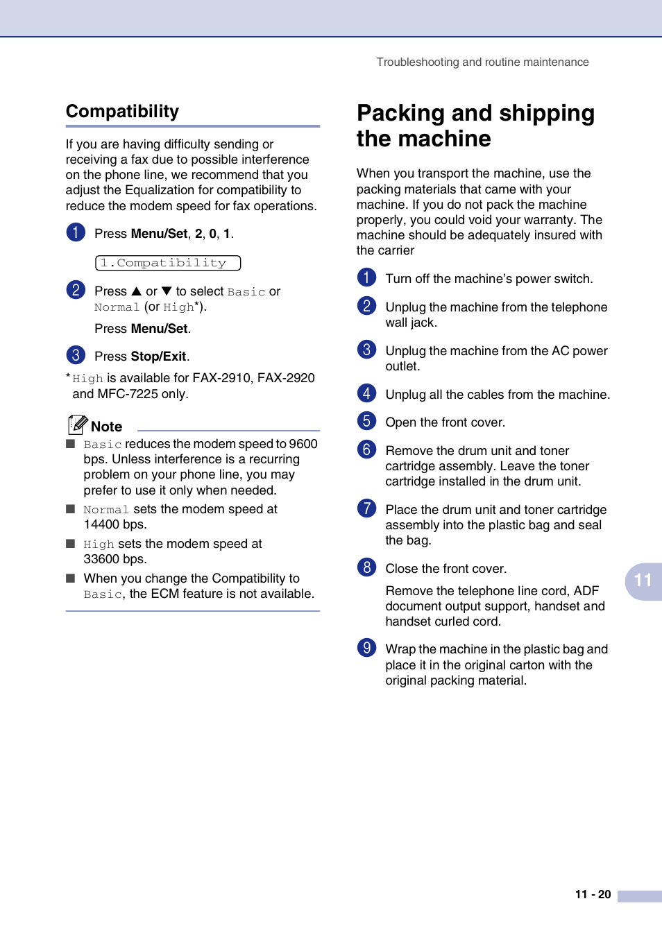 Compatibility, Packing and shipping the machine, Compatibility -20 | Packing and shipping the machine -20, 11 compatibility | Brother IntelliFax-2820 User Manual | Page 108 / 159