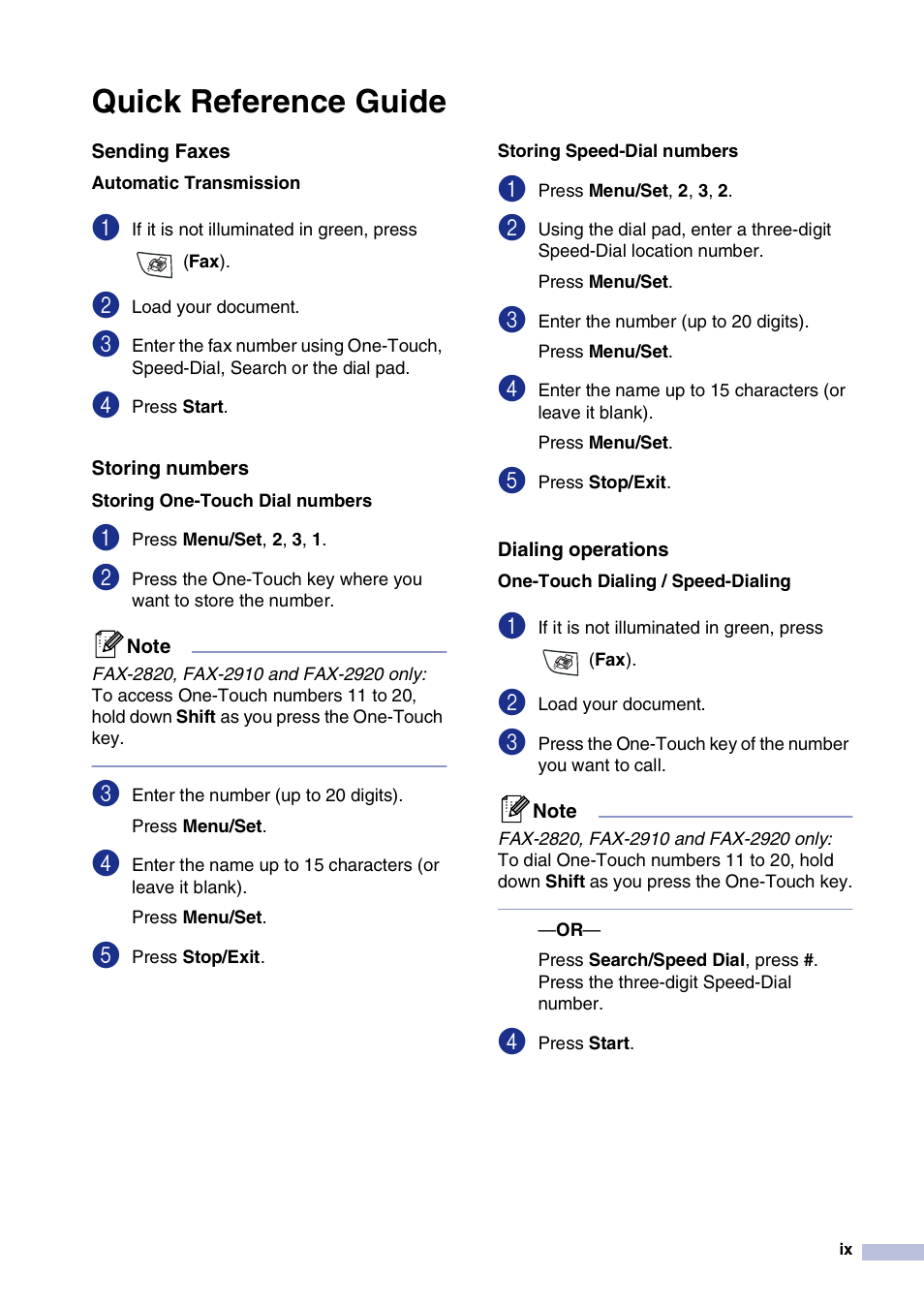 Quick reference guide, Sending faxes, Dialing operations | Brother IntelliFax-2820 User Manual | Page 11 / 159