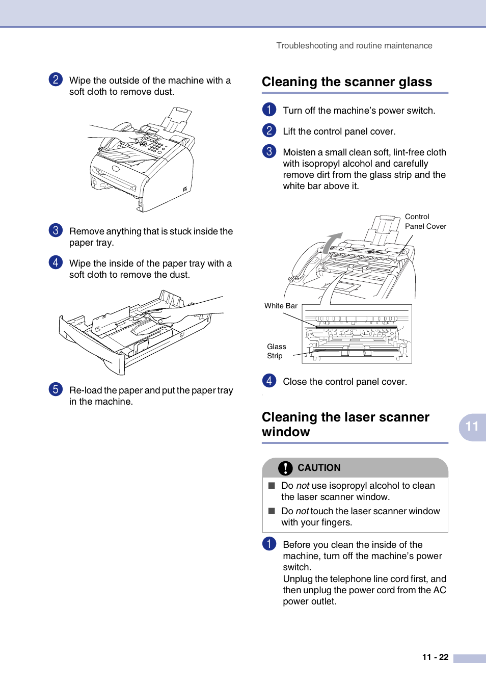 Cleaning the scanner glass, Cleaning the laser scanner window | Brother IntelliFax-2820 User Manual | Page 110 / 159