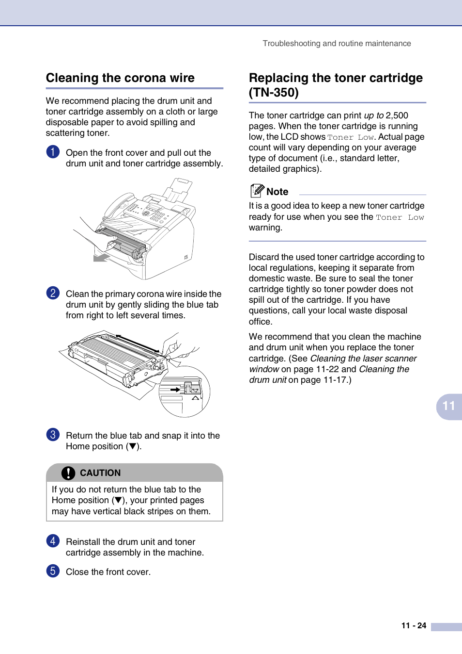 Cleaning the corona wire, Replacing the toner cartridge (tn-350), 11 cleaning the corona wire | Brother IntelliFax-2820 User Manual | Page 112 / 159