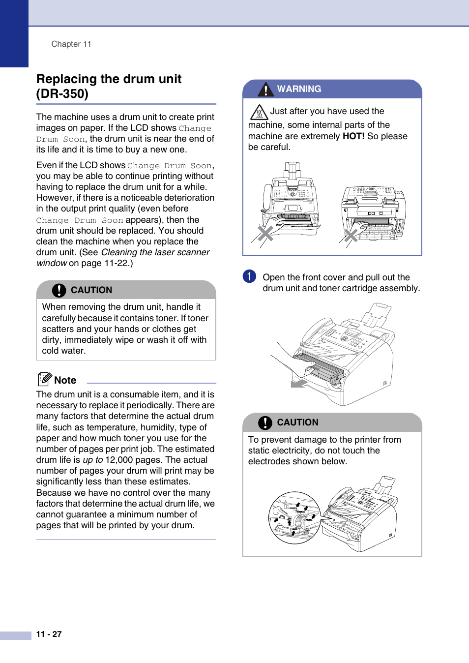 Replacing the drum unit (dr-350), Replacing the drum unit (dr-350) -27, See replacing the | Brother IntelliFax-2820 User Manual | Page 115 / 159