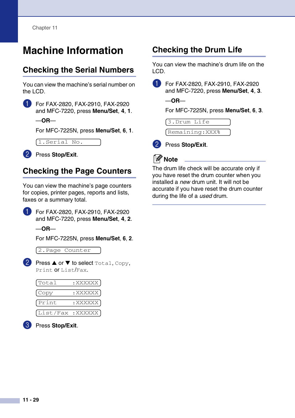 Machine information, Checking the serial numbers, Checking the drum life | Machine information -29, Checking the page counters | Brother IntelliFax-2820 User Manual | Page 117 / 159