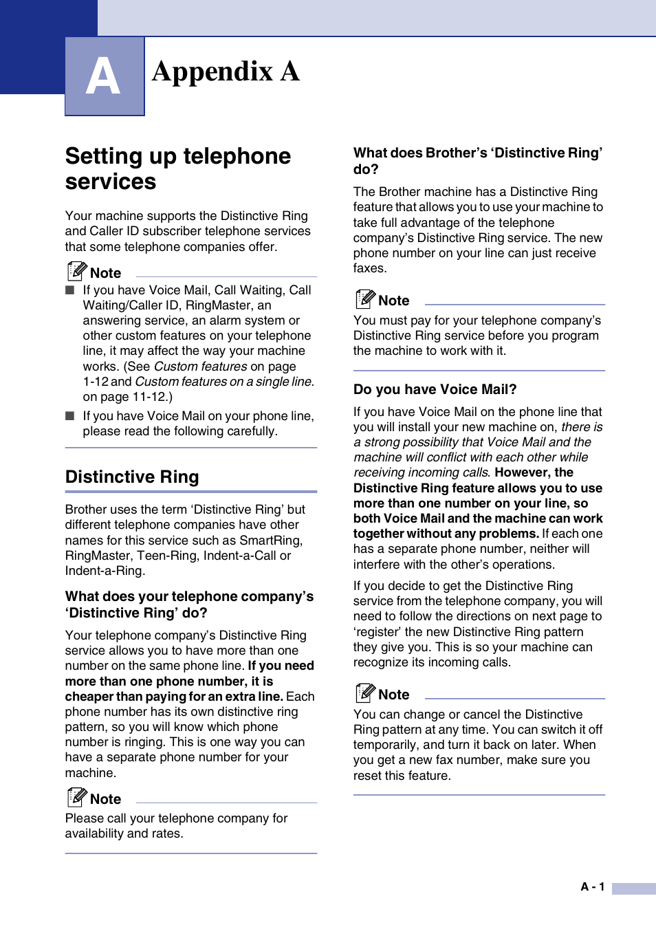 Appendix a, Setting up telephone services, Distinctive ring | What does brother’s ‘distinctive ring’ do, Do you have voice mail | Brother IntelliFax-2820 User Manual | Page 118 / 159