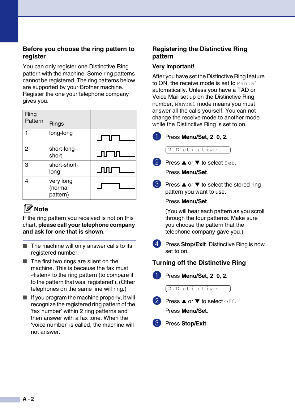 Before you choose the ring pattern to register, Registering the distinctive ring pattern, Turning off the distinctive ring | Brother IntelliFax-2820 User Manual | Page 119 / 159