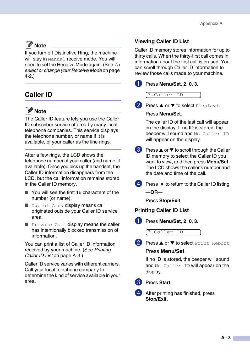 Caller id, Viewing caller id list, Printing caller id list | Brother IntelliFax-2820 User Manual | Page 120 / 159