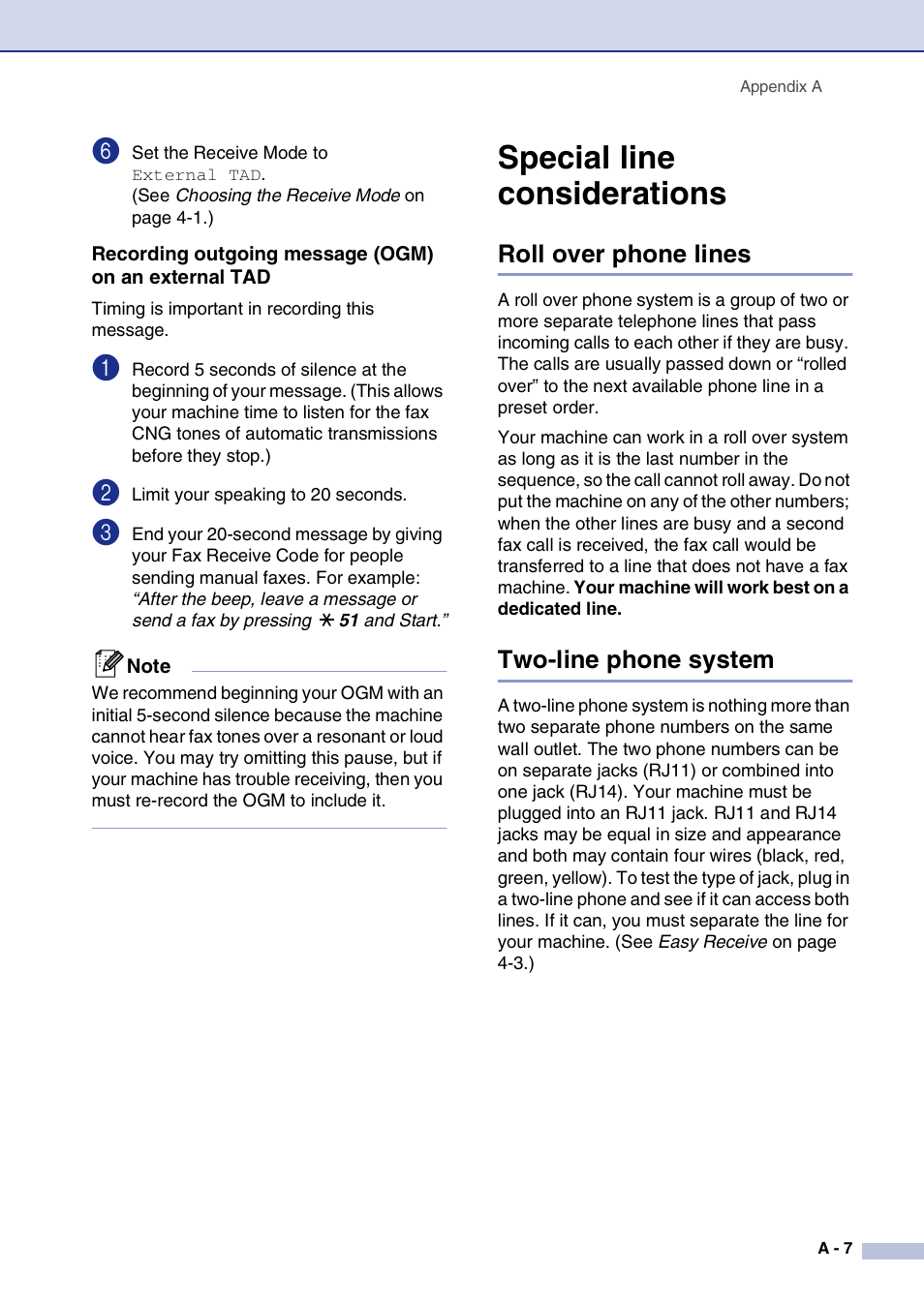 Special line considerations, Roll over phone lines, Two-line phone system | Brother IntelliFax-2820 User Manual | Page 124 / 159