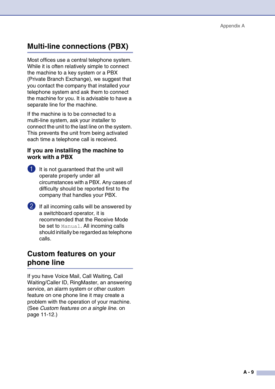 Multi-line connections (pbx), Custom features on your phone line | Brother IntelliFax-2820 User Manual | Page 126 / 159