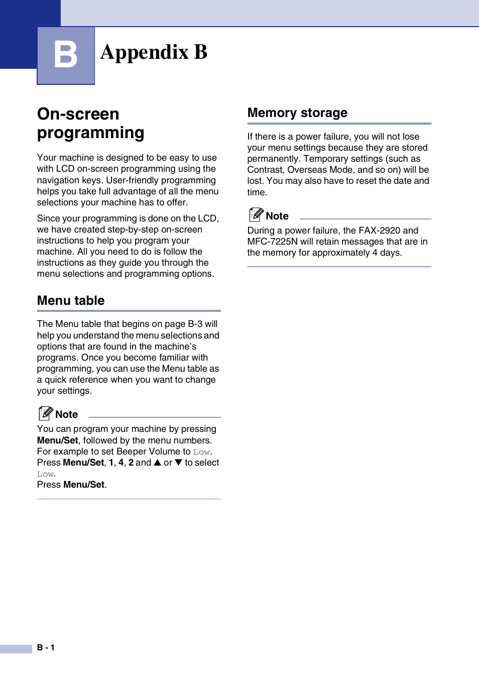 Appendix b, On-screen programming, Menu table | Memory storage | Brother IntelliFax-2820 User Manual | Page 127 / 159