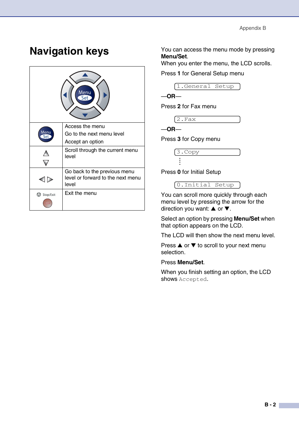 Navigation keys | Brother IntelliFax-2820 User Manual | Page 128 / 159