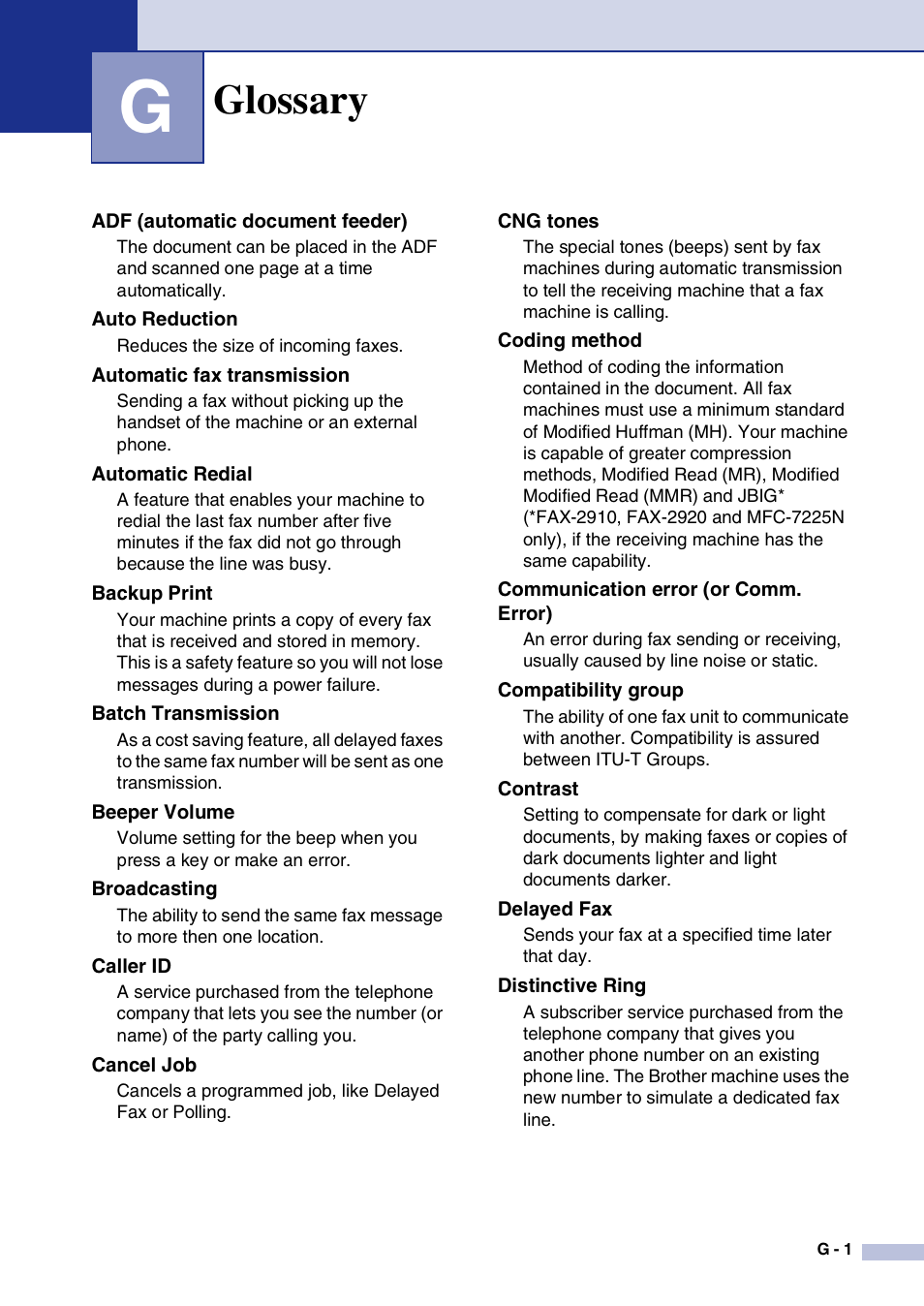Glossary | Brother IntelliFax-2820 User Manual | Page 138 / 159