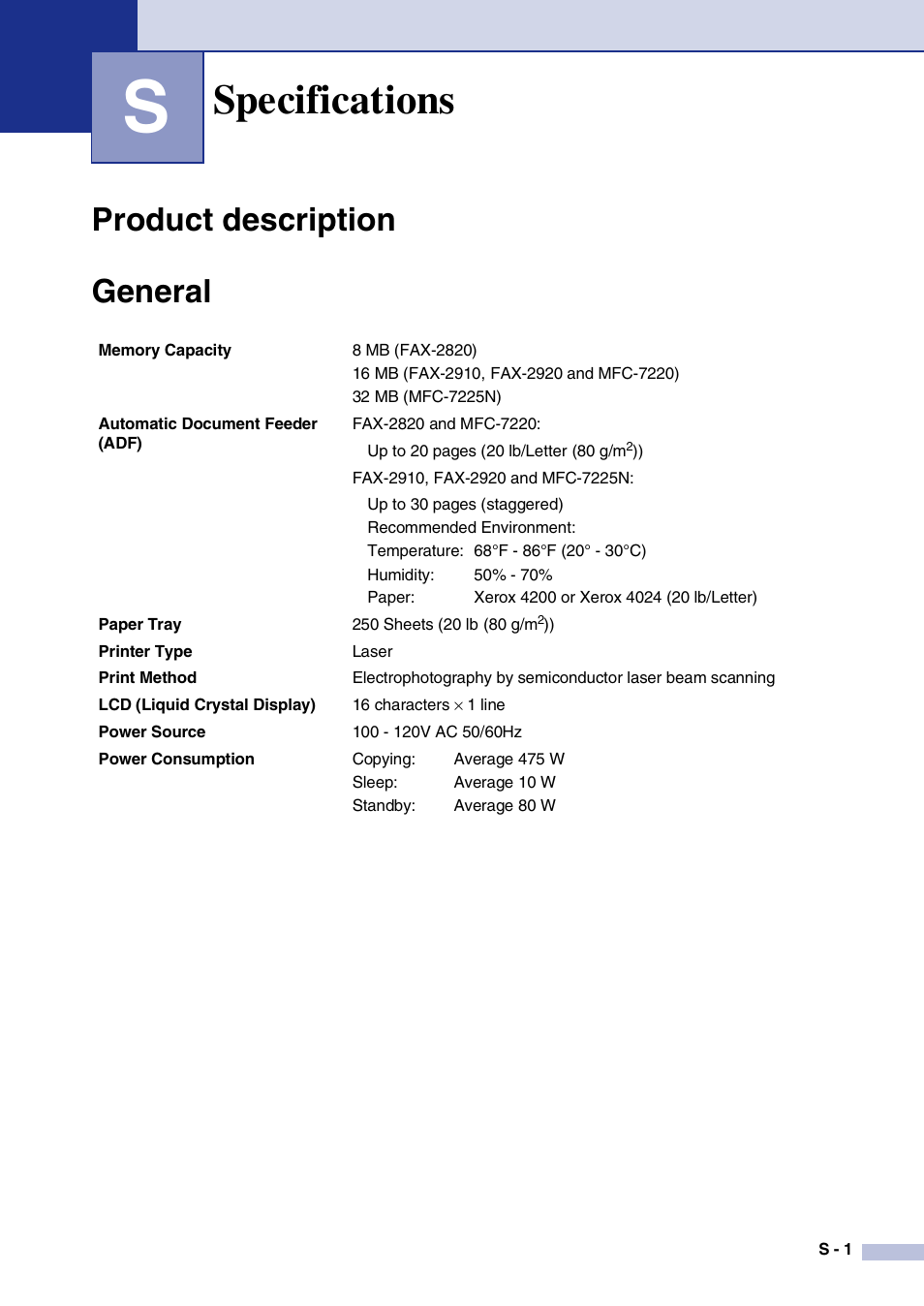 Specifications, Product description, General | Product description general | Brother IntelliFax-2820 User Manual | Page 142 / 159