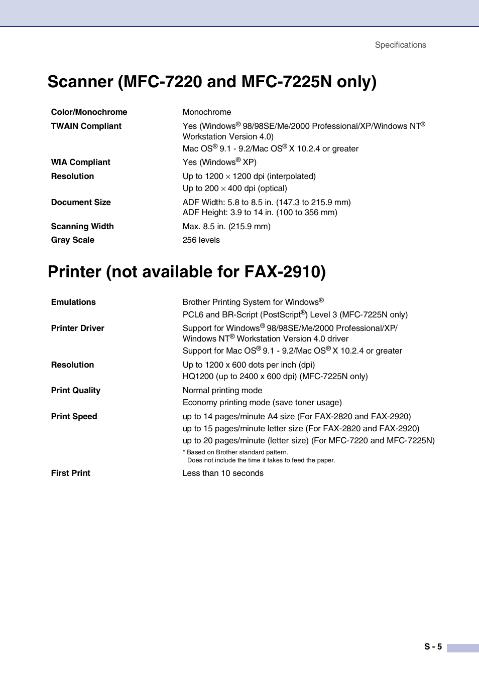 Scanner (mfc-7220 and mfc-7225n only), Printer (not available for fax-2910) | Brother IntelliFax-2820 User Manual | Page 146 / 159