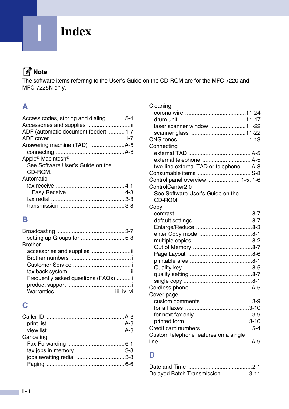 Index | Brother IntelliFax-2820 User Manual | Page 151 / 159