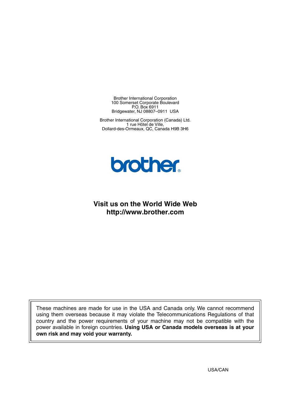 Brother usa/can | Brother IntelliFax-2820 User Manual | Page 159 / 159