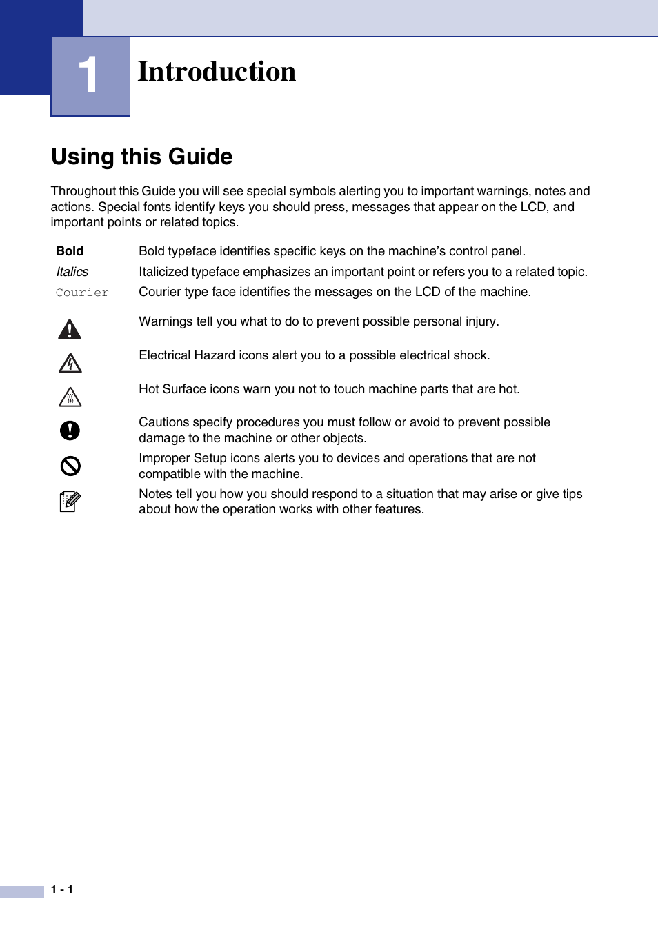 1 introduction, Using this guide, Introduction | Using this guide -1 | Brother IntelliFax-2820 User Manual | Page 19 / 159