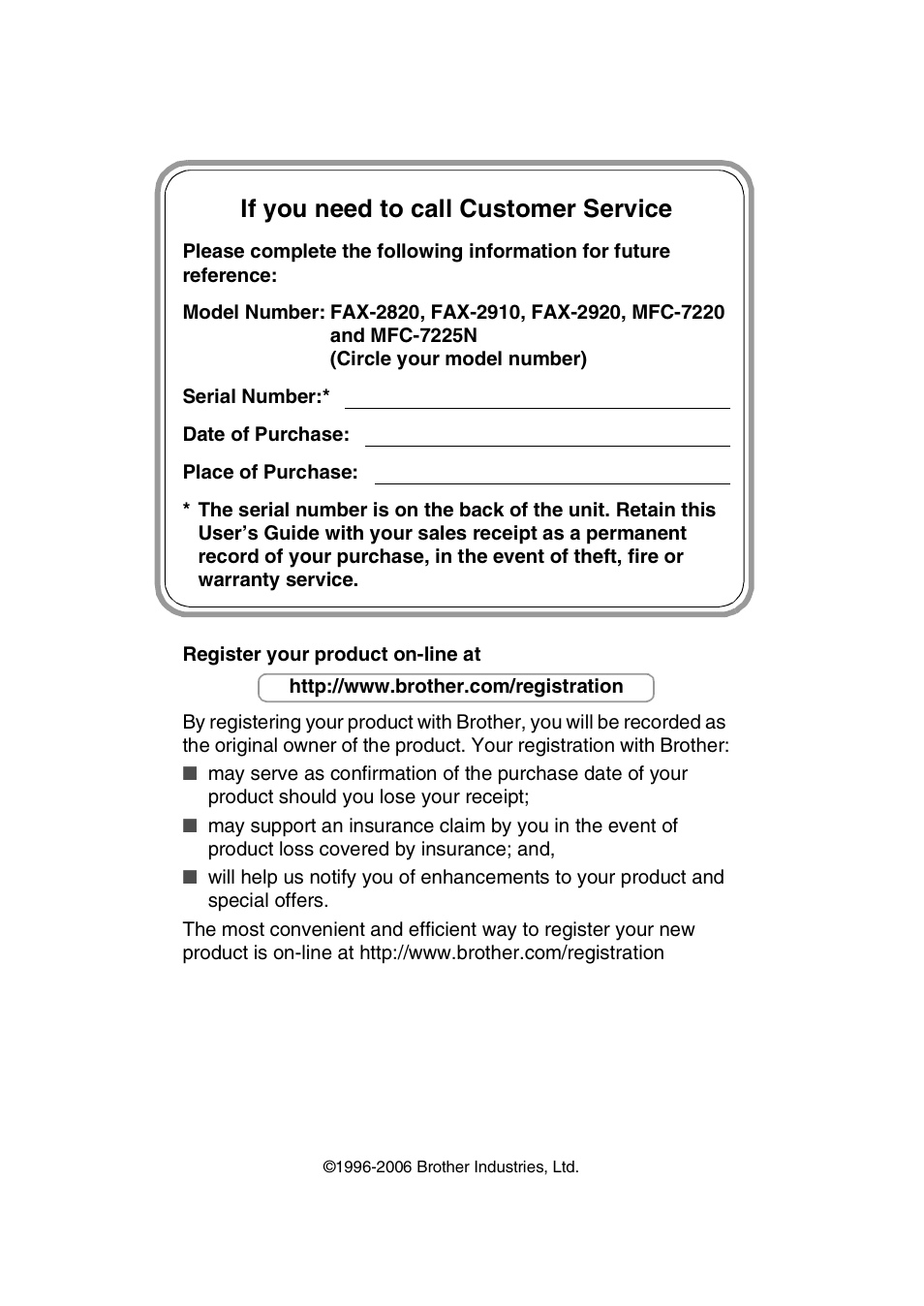 If you need to call customer service | Brother IntelliFax-2820 User Manual | Page 2 / 159