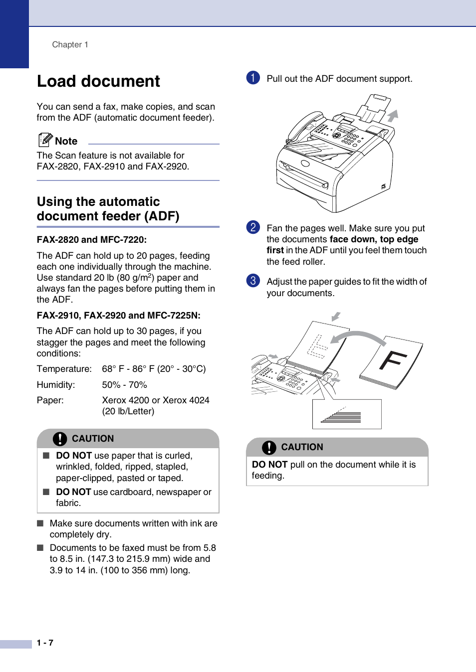 Load document, Using the automatic document feeder (adf), Load document -7 | Using the automatic document feeder (adf) -7 | Brother IntelliFax-2820 User Manual | Page 25 / 159