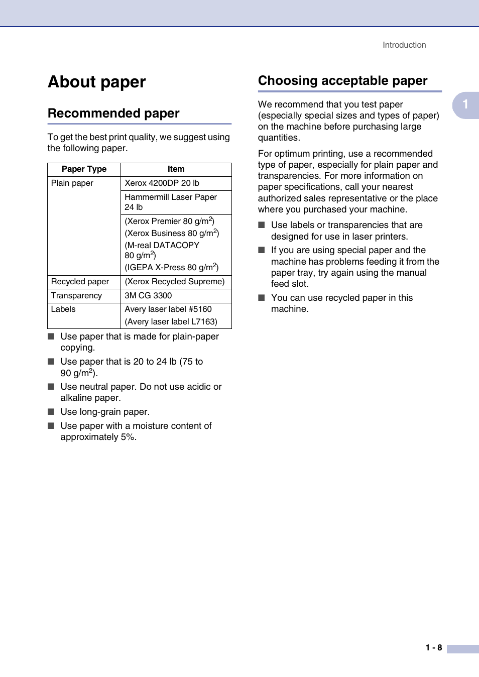 About paper, Recommended paper, Choosing acceptable paper | About paper -8, Recommended paper -8 choosing acceptable paper -8 | Brother IntelliFax-2820 User Manual | Page 26 / 159