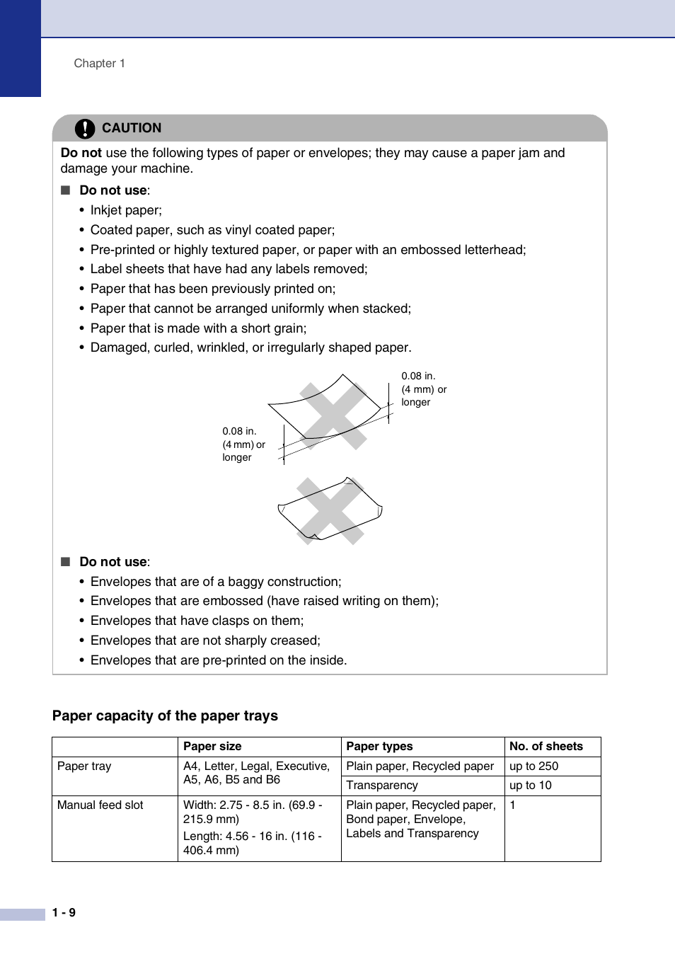 Paper capacity of the paper trays, Paper capacity of the paper trays -9 | Brother IntelliFax-2820 User Manual | Page 27 / 159