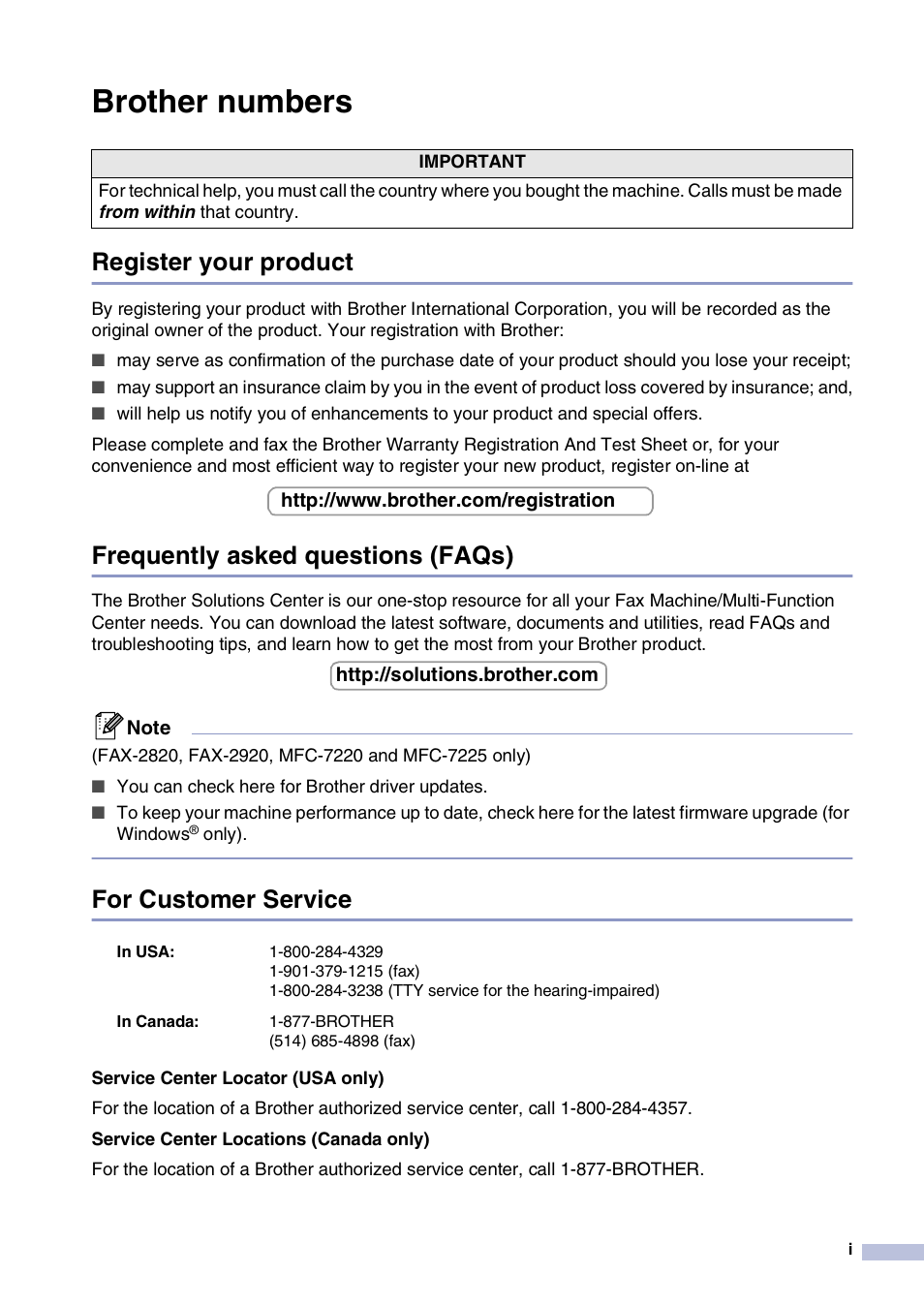 Brother numbers, Register your product, Frequently asked questions (faqs) | For customer service | Brother IntelliFax-2820 User Manual | Page 3 / 159
