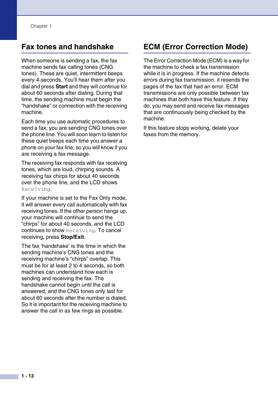 Fax tones and handshake, Ecm (error correction mode) | Brother IntelliFax-2820 User Manual | Page 31 / 159