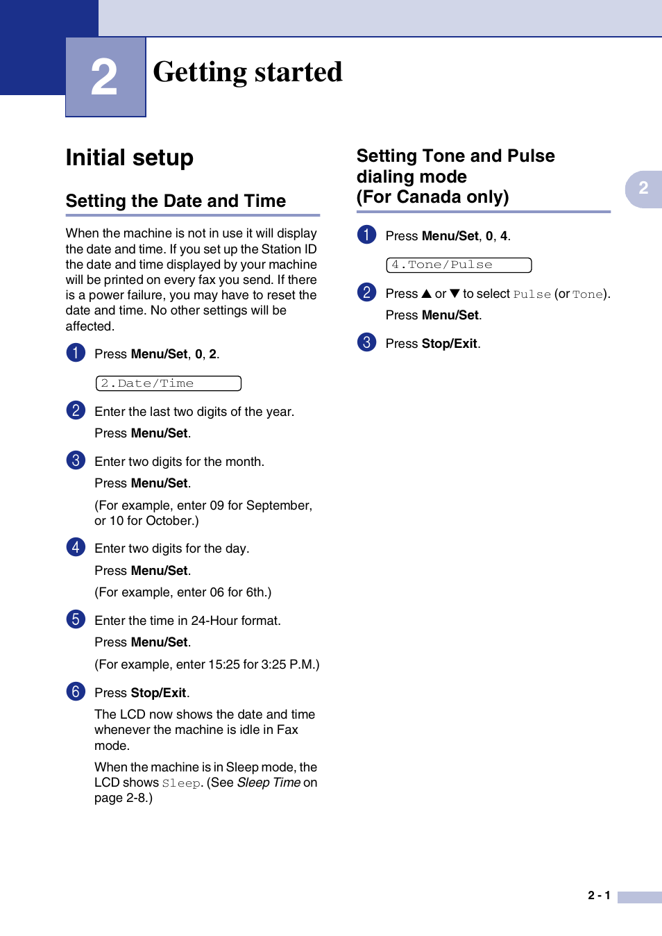2 getting started, Initial setup, Setting the date and time | Getting started, Initial setup -1, For canada only) -1 | Brother IntelliFax-2820 User Manual | Page 32 / 159