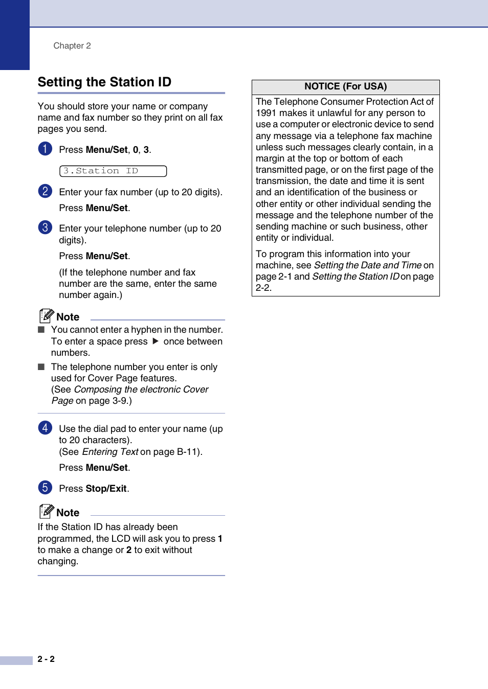 Setting the station id, Setting the station id -2 | Brother IntelliFax-2820 User Manual | Page 33 / 159