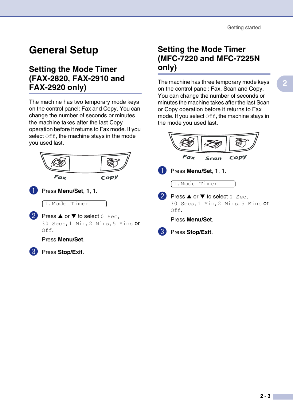 General setup, General setup -3 | Brother IntelliFax-2820 User Manual | Page 34 / 159