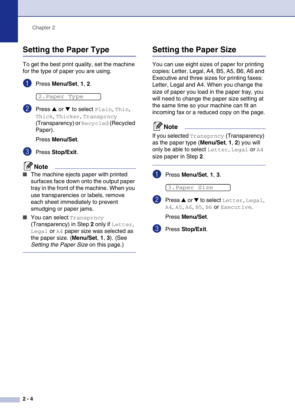 Setting the paper type, Setting the paper size | Brother IntelliFax-2820 User Manual | Page 35 / 159