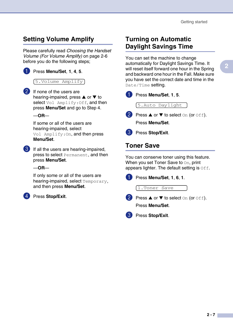 Setting volume amplify, Turning on automatic daylight savings time, Toner save | 2setting volume amplify | Brother IntelliFax-2820 User Manual | Page 38 / 159