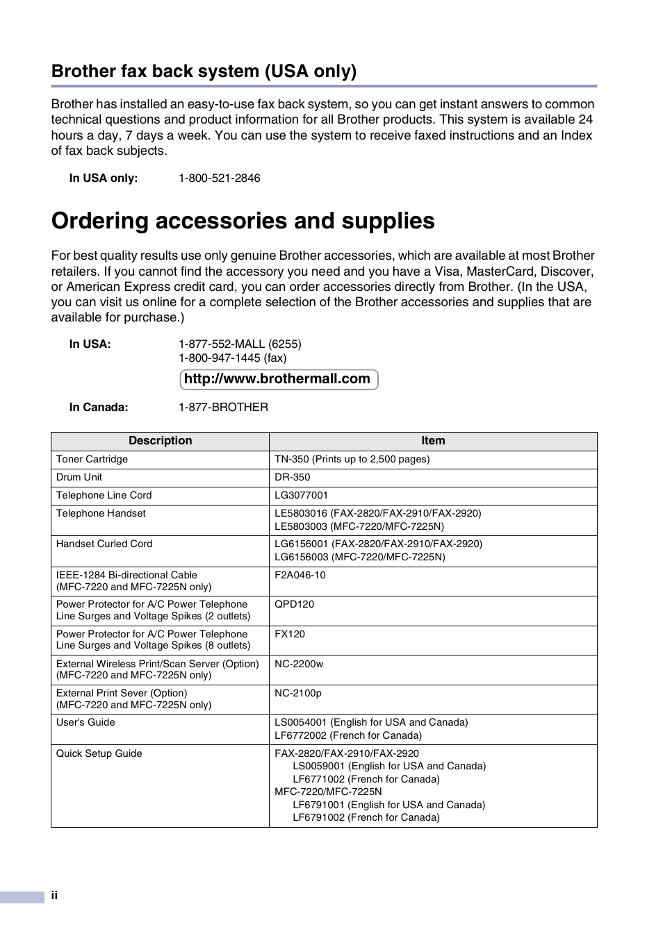 Brother fax back system (usa only), Ordering accessories and supplies | Brother IntelliFax-2820 User Manual | Page 4 / 159