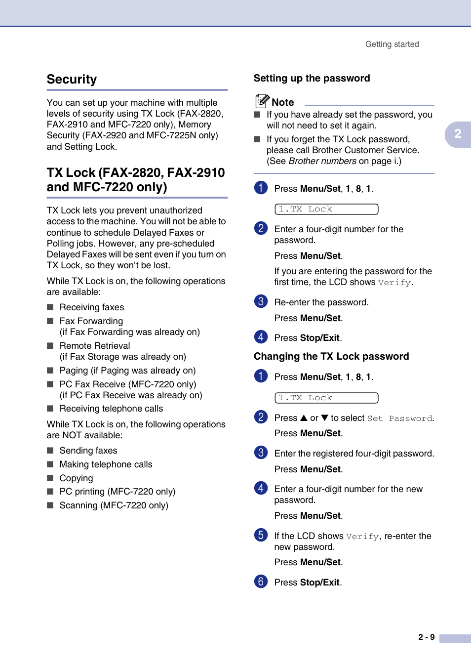 Security, Tx lock (fax-2820, fax-2910 and mfc-7220 only), Setting up the password | Changing the tx lock password, 2security | Brother IntelliFax-2820 User Manual | Page 40 / 159
