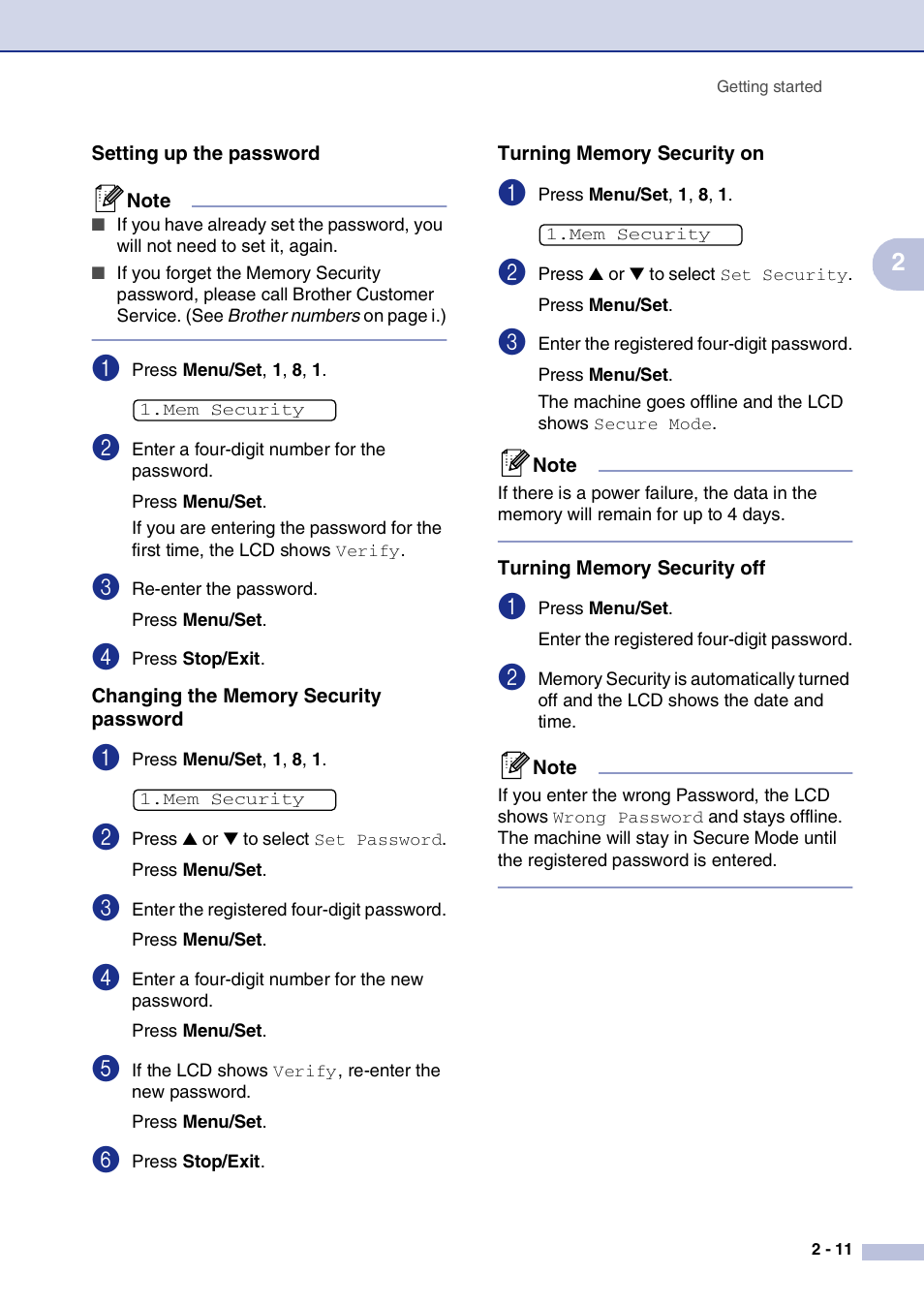 Setting up the password, Changing the memory security password, Turning memory security on | Turning memory security off | Brother IntelliFax-2820 User Manual | Page 42 / 159