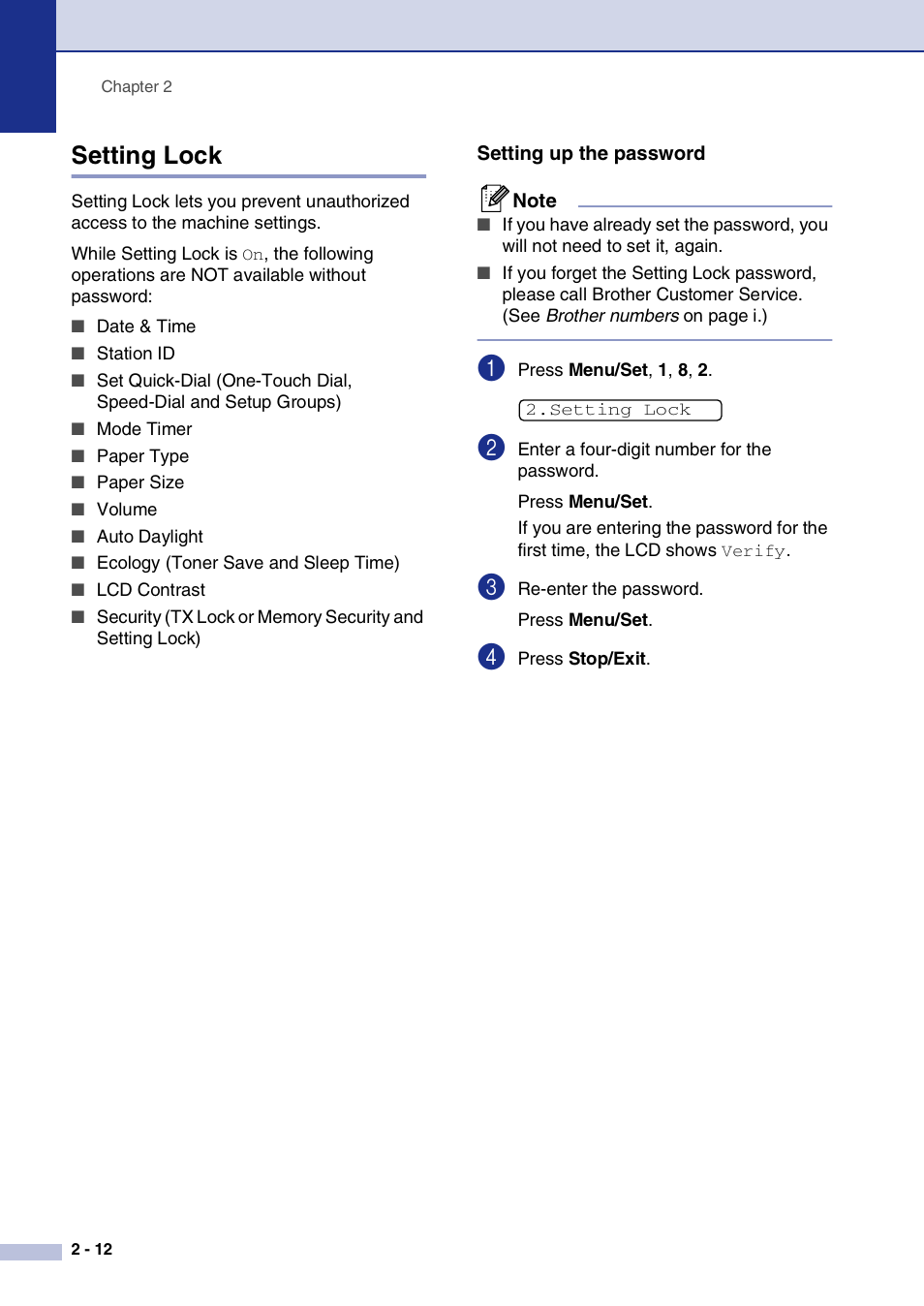 Setting lock, Setting up the password, Setting lock -12 | Setting up the password -12 | Brother IntelliFax-2820 User Manual | Page 43 / 159