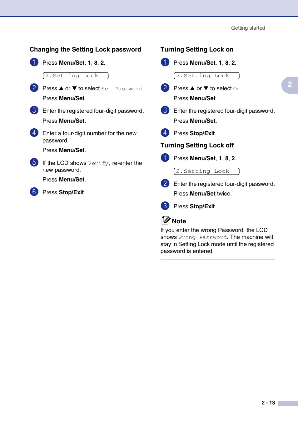 Changing the setting lock password, Turning setting lock on, Turning setting lock off | Brother IntelliFax-2820 User Manual | Page 44 / 159