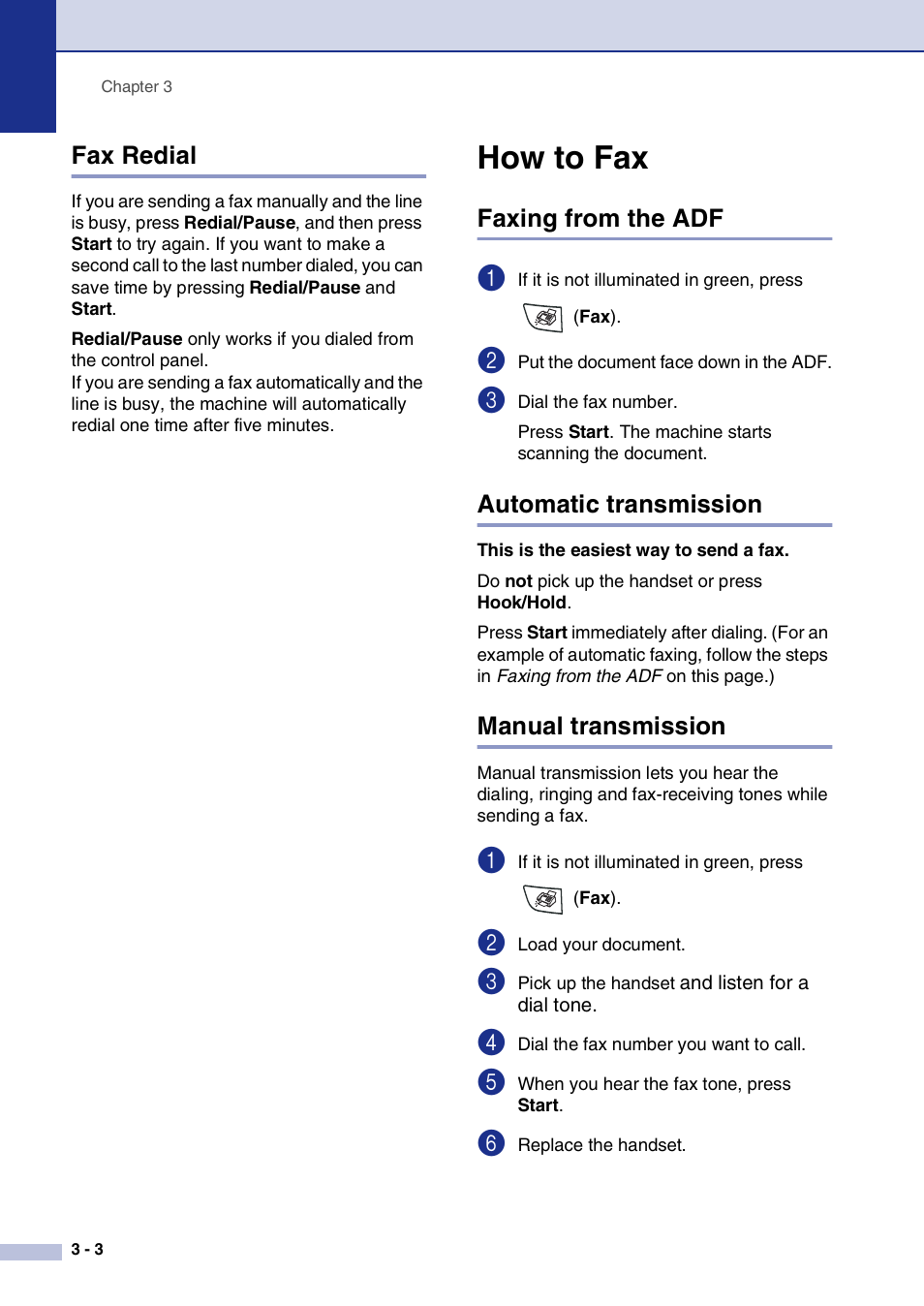 Fax redial, How to fax, Faxing from the adf | Automatic transmission, Manual transmission, Fax redial -3, How to fax -3 | Brother IntelliFax-2820 User Manual | Page 47 / 159