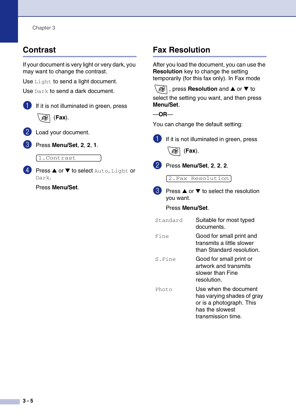 Contrast, Fax resolution, Contrast -5 fax resolution -5 | Brother IntelliFax-2820 User Manual | Page 49 / 159