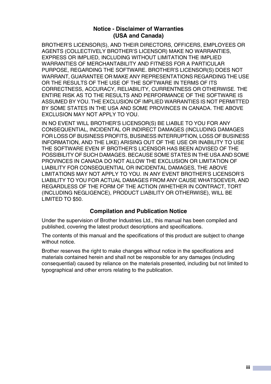 Notice - disclaimer of warranties (usa and canada), Compilation and publication notice | Brother IntelliFax-2820 User Manual | Page 5 / 159