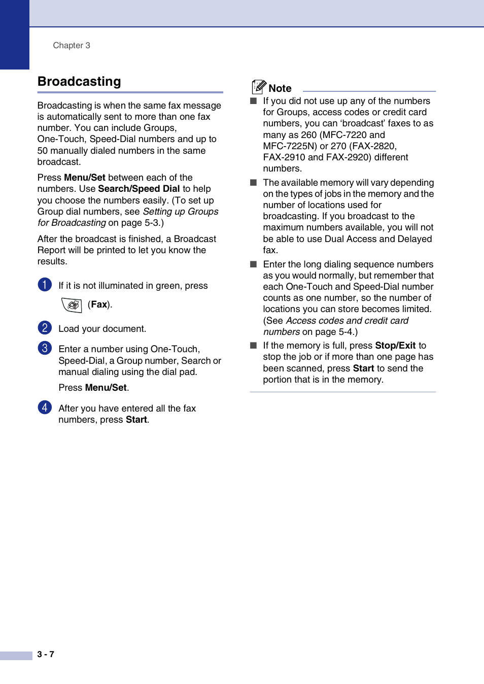 Broadcasting, Broadcasting -7 | Brother IntelliFax-2820 User Manual | Page 51 / 159